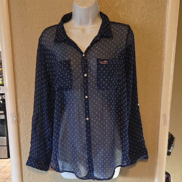 Hollister Blue Patterned Button Down Shirt - Picture 1 of 4